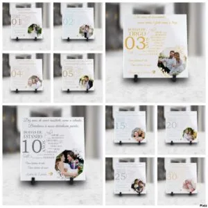 Kit Digital Artes Azulejos Bodas de Casamento 15 Coleção de dez placas digitais brancas comemorando bodas, exibindo números e casais.