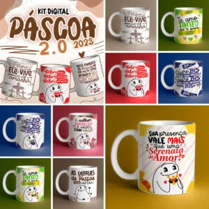 Coleção de canecas personalizadas com temas variados de Páscoa e amor