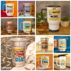 Grade de nove canecas e copos com frases coloridas em diferentes materiais e fundos.