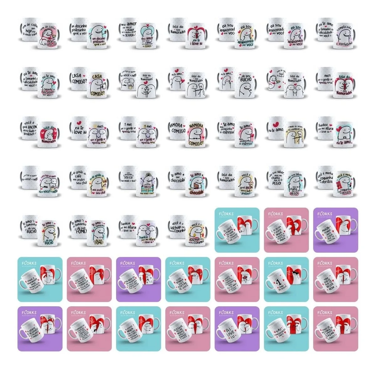 Grade de canecas com estampas românticas, frases e ilustrações de casal em fundos coloridos.