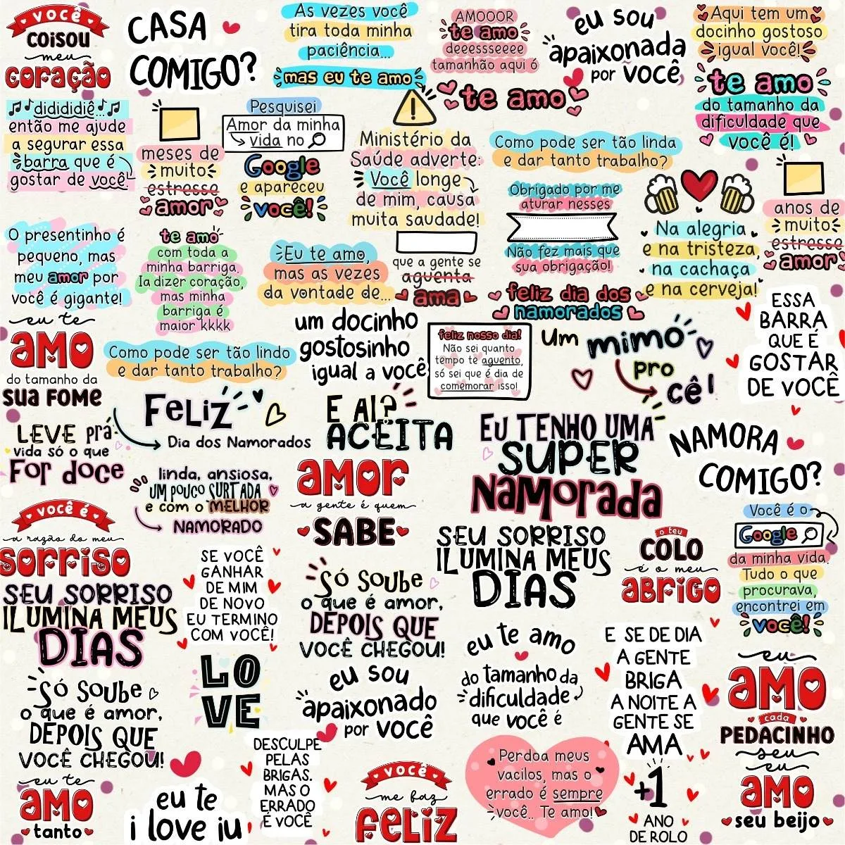 Colagem digital com frases de amor em português, corações e tipografias variadas.