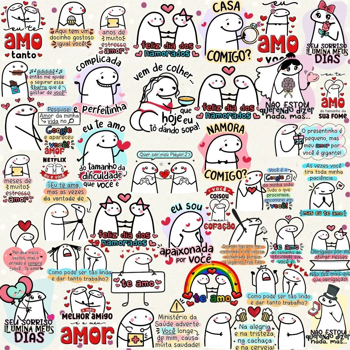 Colagem de desenhos fofos com casais, corações e frases de amor