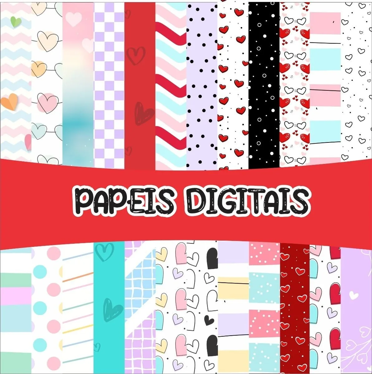 Estampas de papéis digitais com corações, bolinhas, listras e xadrez coloridos