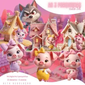 Kit Digital As Três Porquinhas e Lobo Mau Png Cute 3D Fofo