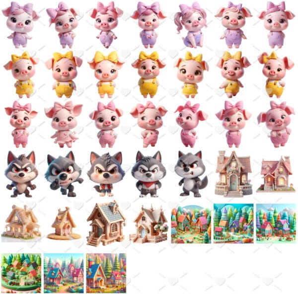 Kit Digital As Três Porquinhas e Lobo Mau Png Cute 3D Fofo