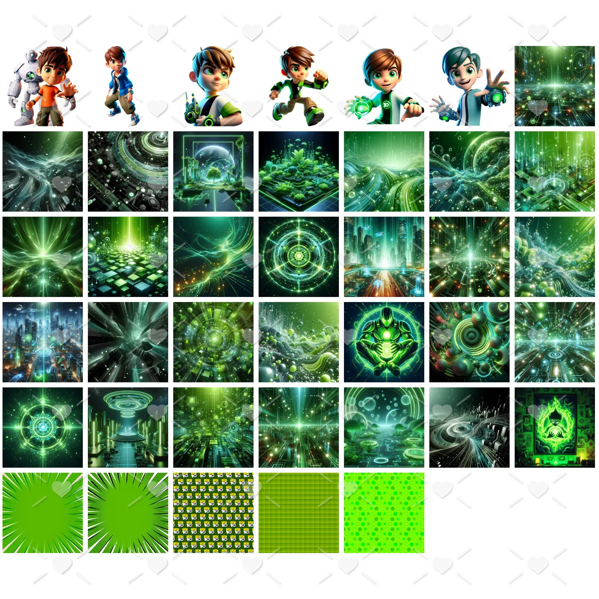 Colagem de personagens infantis e vários fundos verdes futuristas.