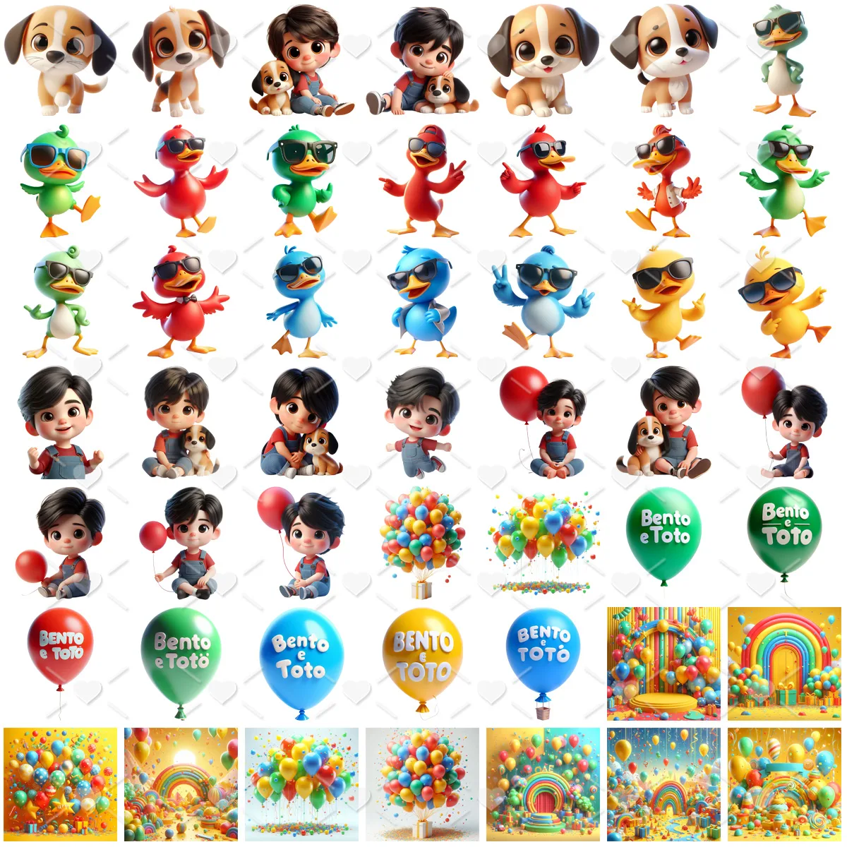 Kit Digital Bento e Totó Cliparts Bebê e Cachorrinho Amigos 2 Grade de ilustrações infantis coloridas com cachorros, crianças, patos e balões