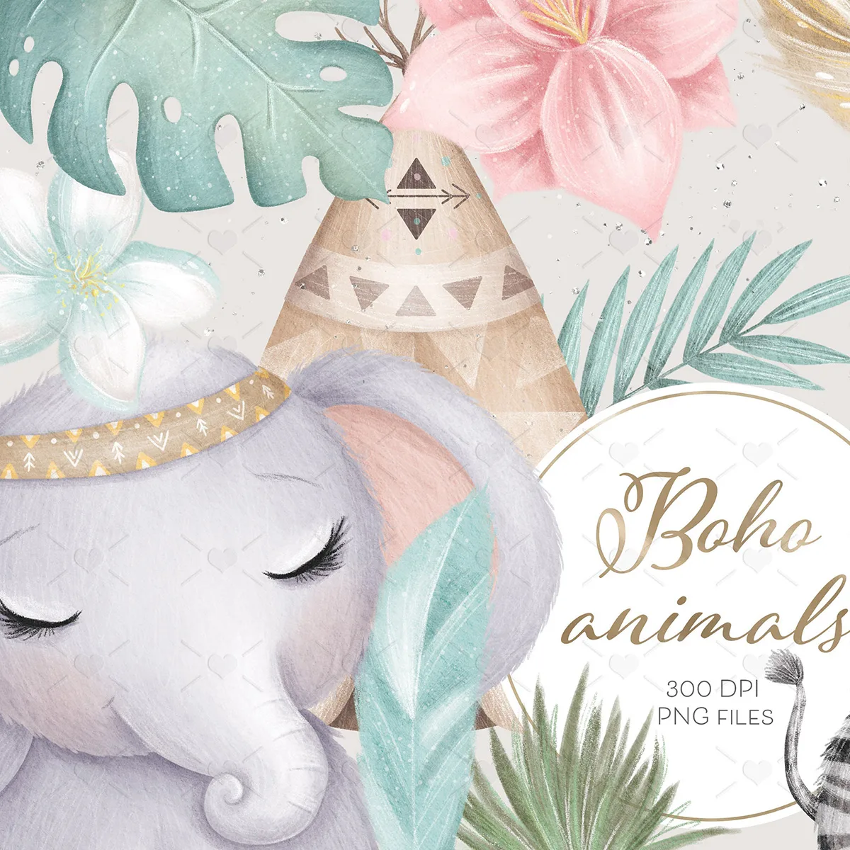 Ilustração de elefante com olhos fechados, tenda e folhagens tropicais