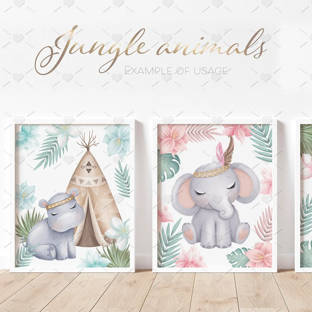Ilustrações aquarela de hipopótamo e elefante dormindo entre flores e folhagens