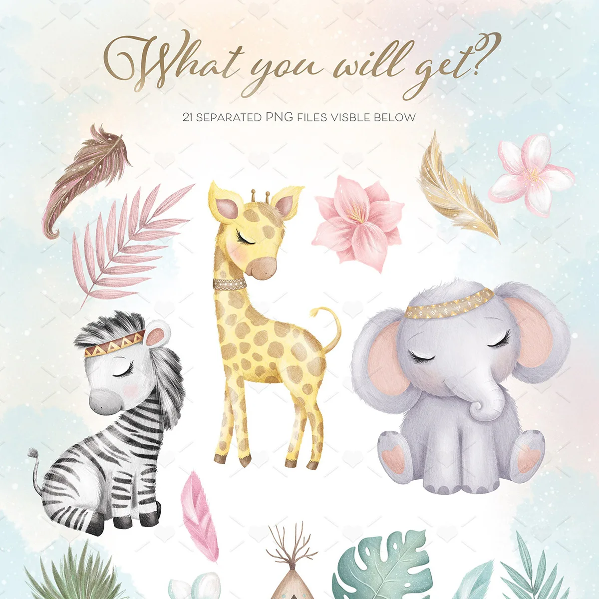 Ilustração digital em aquarela com girafa, zebra, elefante e folhagens