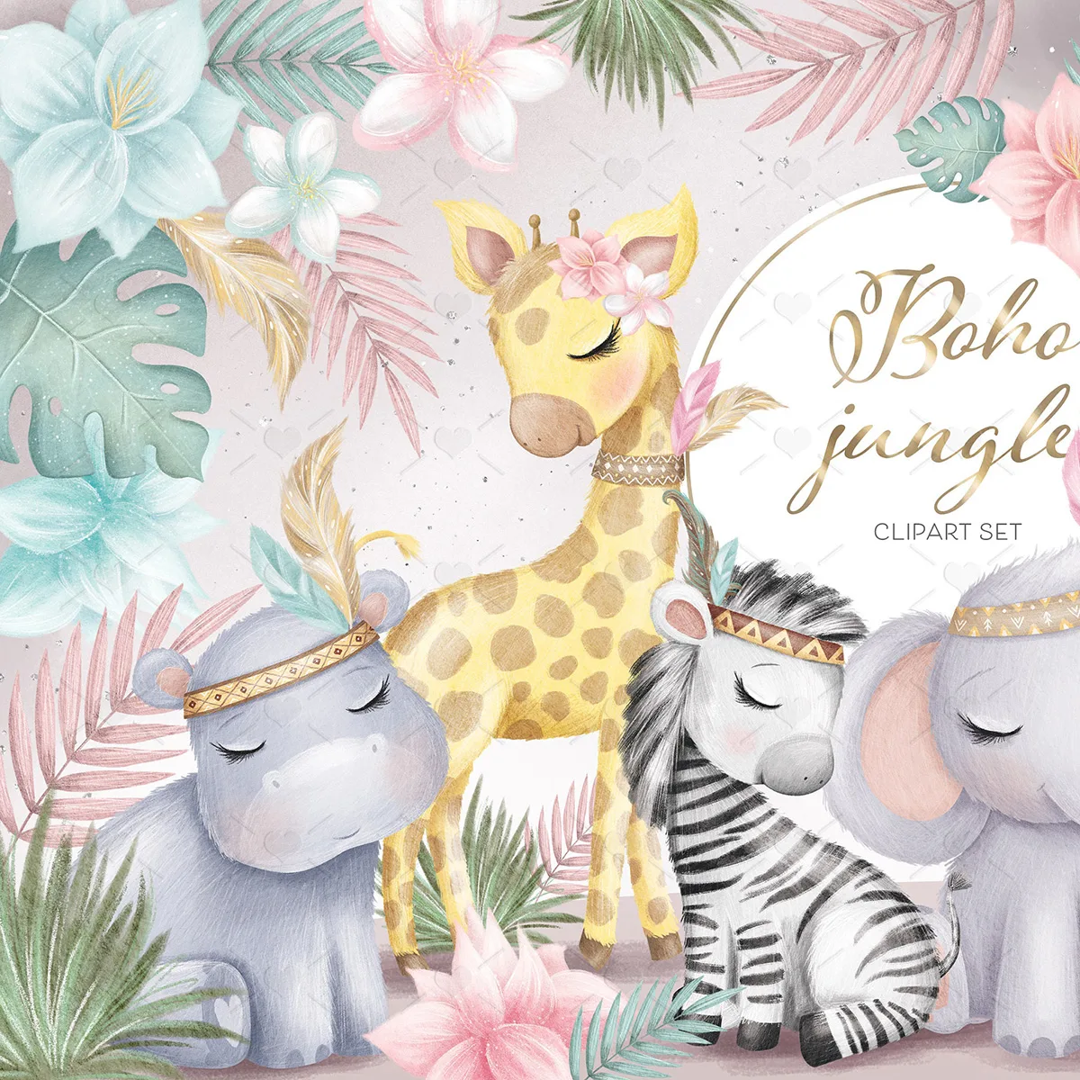 Ilustração em aquarela com girafa, hipopótamo, zebra e elefante entre folhagens tropicais.