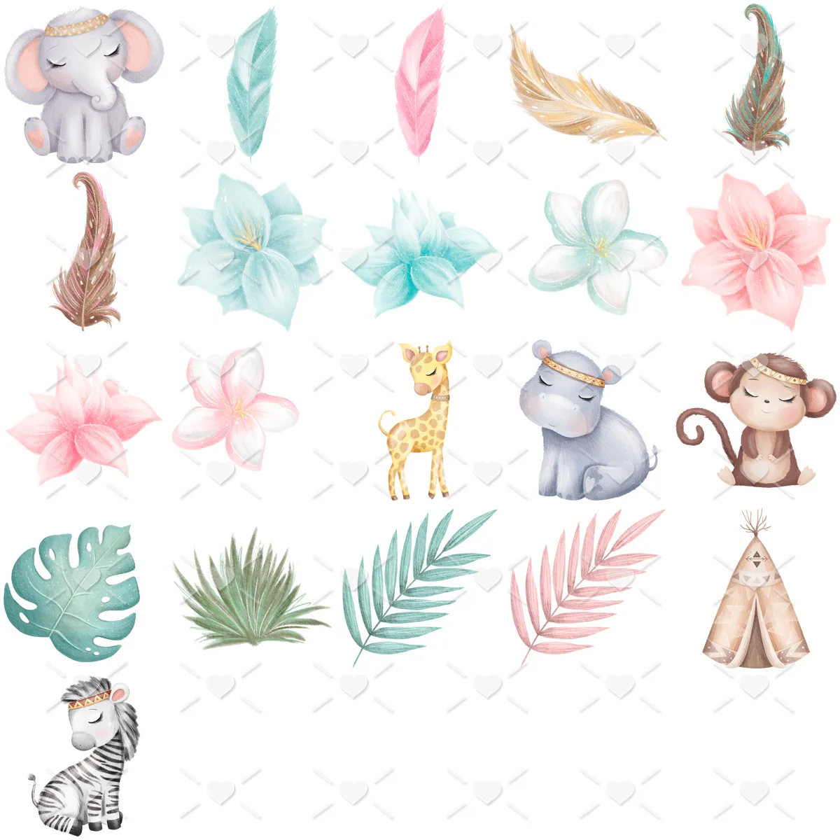 Ilustrações digitais em aquarela com animais bebês, flores, folhas e tipi