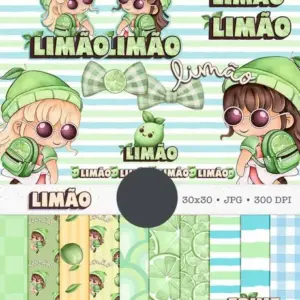 Kit Digital Boneca com Frutas Limão em Aquarela PNG