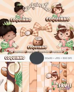 Kit Digital Boneca Cute com Frutas em Aquarela PNG