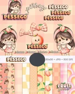 Kit Digital Boneca Cute com Pêssego em Aquarela PNG