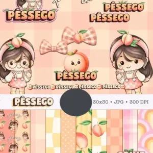 Kit Digital Boneca Cute com Pêssego em Aquarela PNG