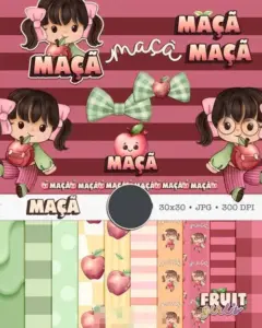 Kit Digital Boneca Cute e Frutas Maçã em Aquarela PNG
