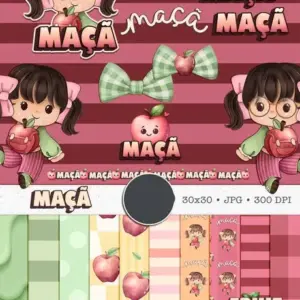Kit Digital Boneca Cute e Frutas Maçã em Aquarela PNG