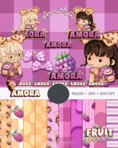 Kit Digital Boneca Cute Frutinhas Amora Aquarela PNG