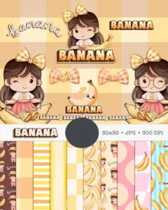 Kit Digital Boneca Cute Frutinhas Banana Aquarelado PNG