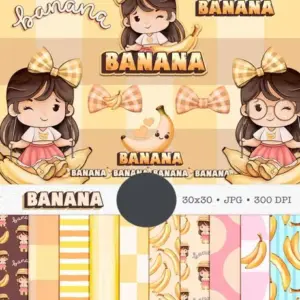 Kit Digital Boneca Cute Frutinhas Banana Aquarelado PNG