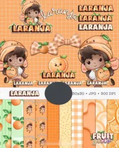 Kit Digital Boneca e Frutas Laranja Aquarela PNG