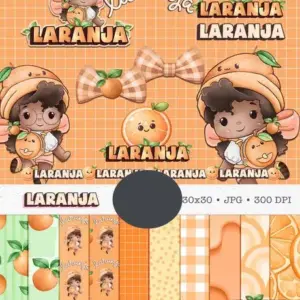 Kit Digital Boneca e Frutas Laranja Aquarela PNG