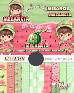 Kit Digital Boneca e Frutas Melancia Aquarela PNG