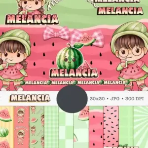 Kit Digital Boneca e Frutas Melancia Aquarela PNG