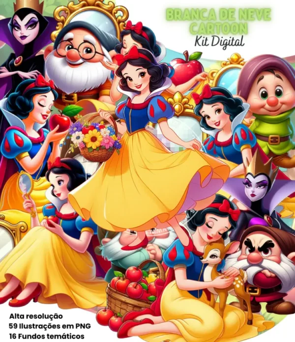 Kit Digital Branca de Neve Cartoon em PNG Moderno