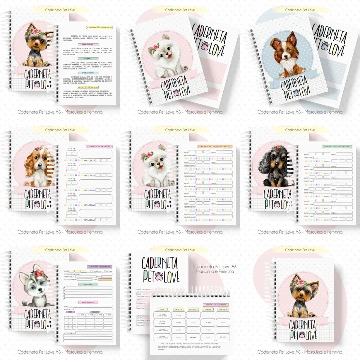 Kit Digital Caderneta Saúde Vacina Pet Cão Gato Miolo E Capa 1 Grade com nove cadernetas digitais ilustradas com cães e páginas internas