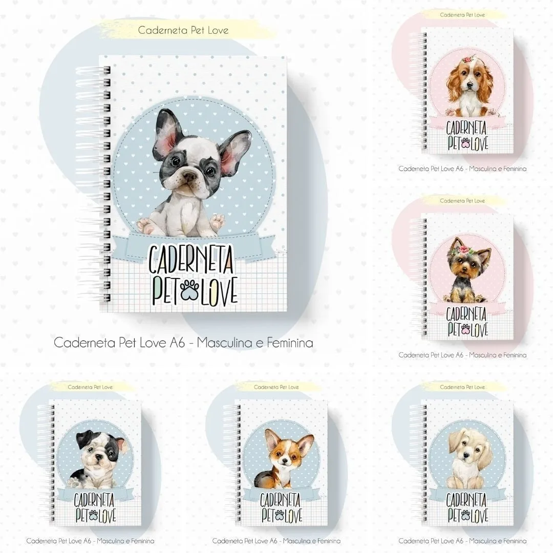 Kit Digital Caderneta Saúde Vacina Pet Cão Gato Miolo E Capa 10 Cadernetas com capas ilustradas por filhotes de cães e fundo claro