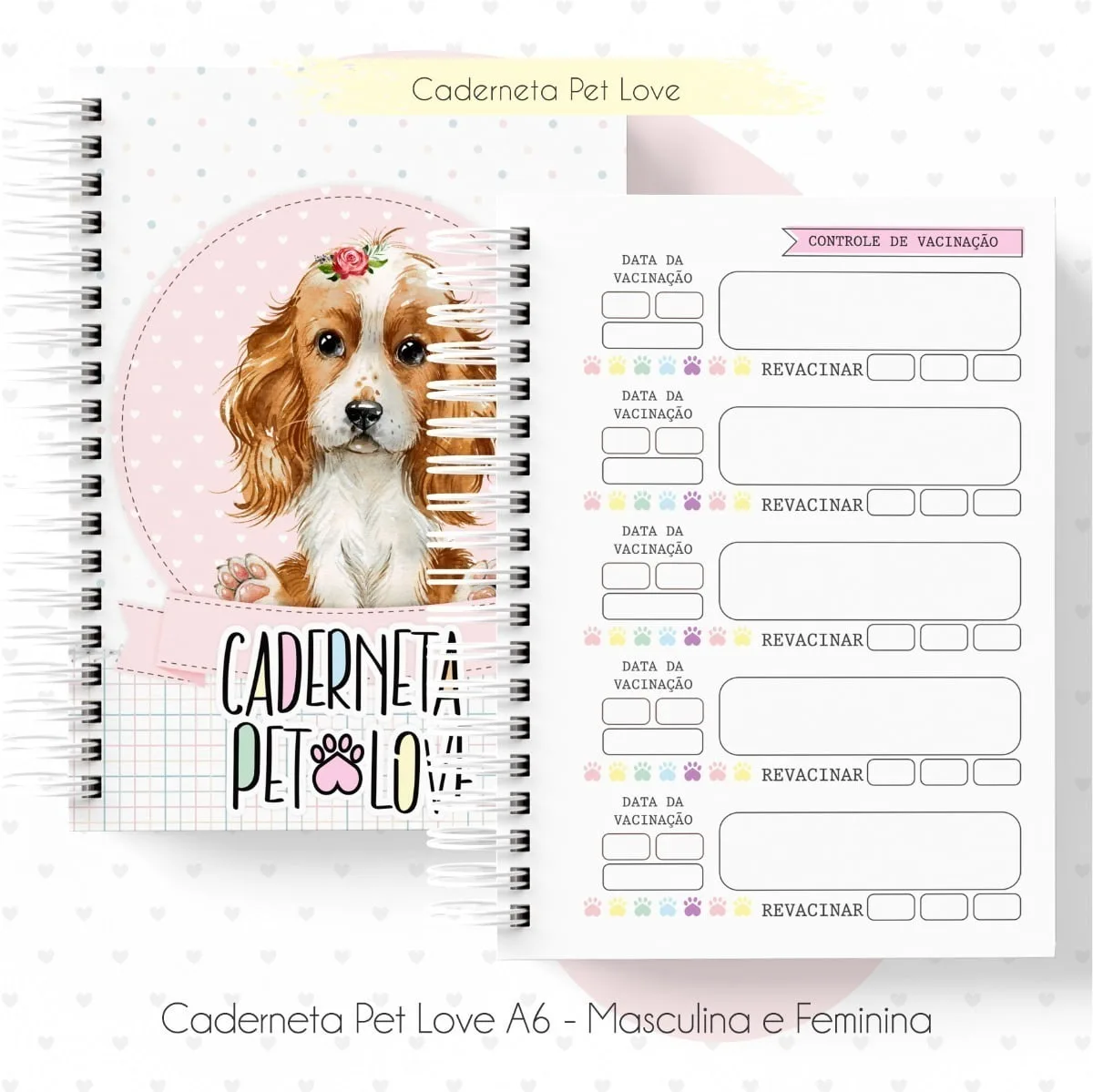Kit Digital Caderneta Saúde Vacina Pet Cão Gato Miolo E Capa 9 Arte digital de caderneta aberta com ilustração de cão e controle de vacinação