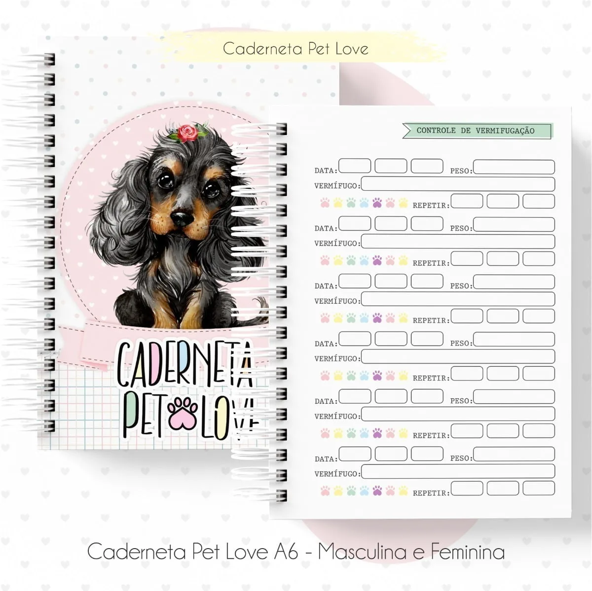 Kit Digital Caderneta Saúde Vacina Pet Cão Gato Miolo E Capa 8 Caderneta com ilustração de cachorro e tabela de controle de vermifugação