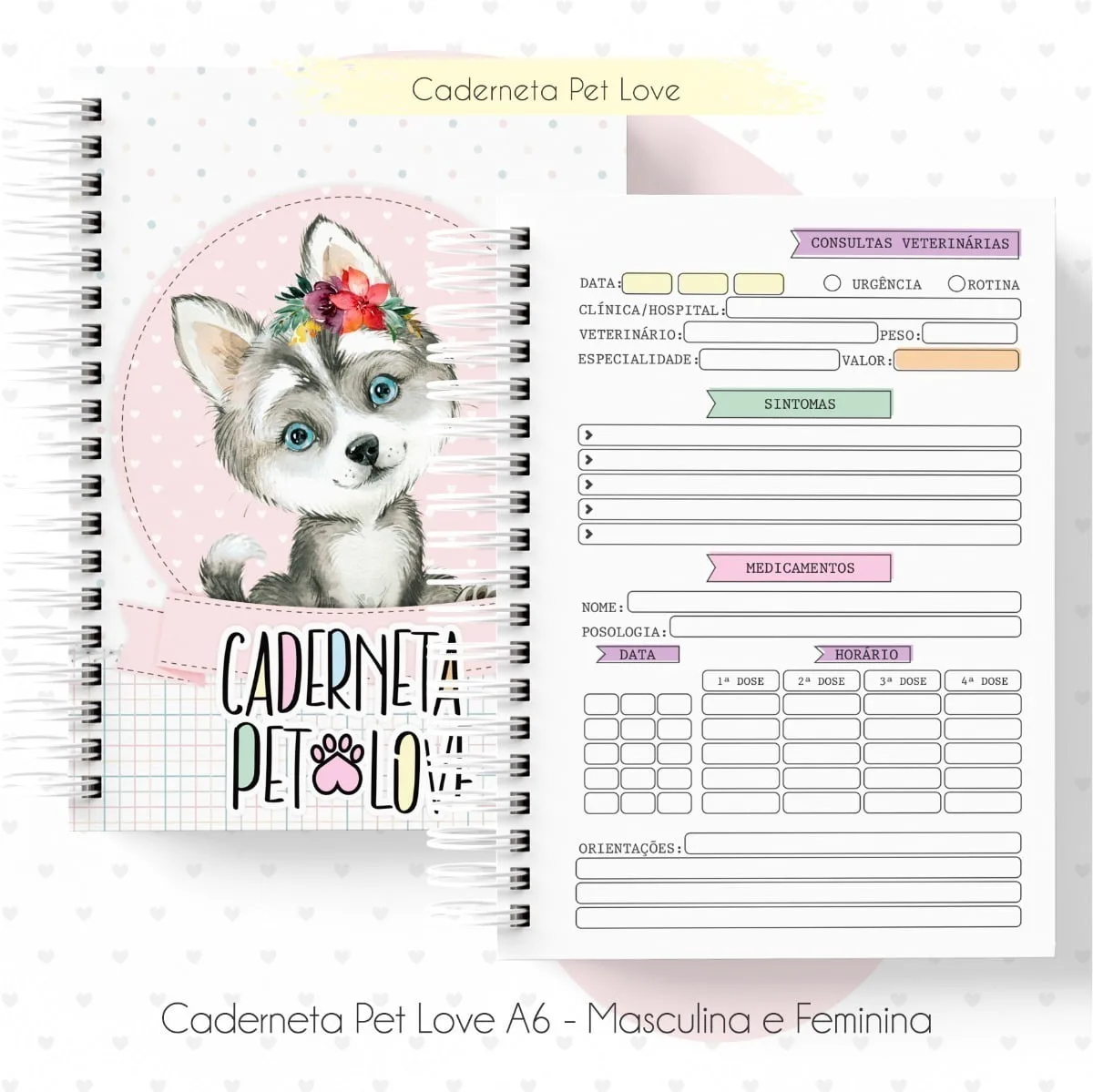 Kit Digital Caderneta Saúde Vacina Pet Cão Gato Miolo E Capa 7 Caderneta ilustrada com cão e ficha de consultas veterinárias.