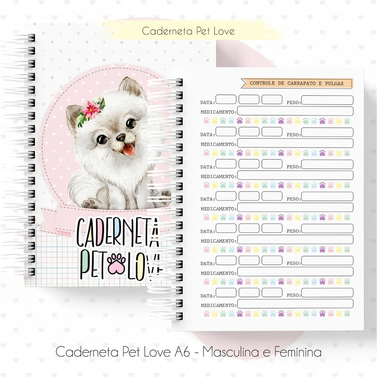 Kit Digital Caderneta Saúde Vacina Pet Cão Gato Miolo E Capa 6 Caderneta espiral com capa ilustrada de cachorro e páginas de controle de carrapato e pulgas.