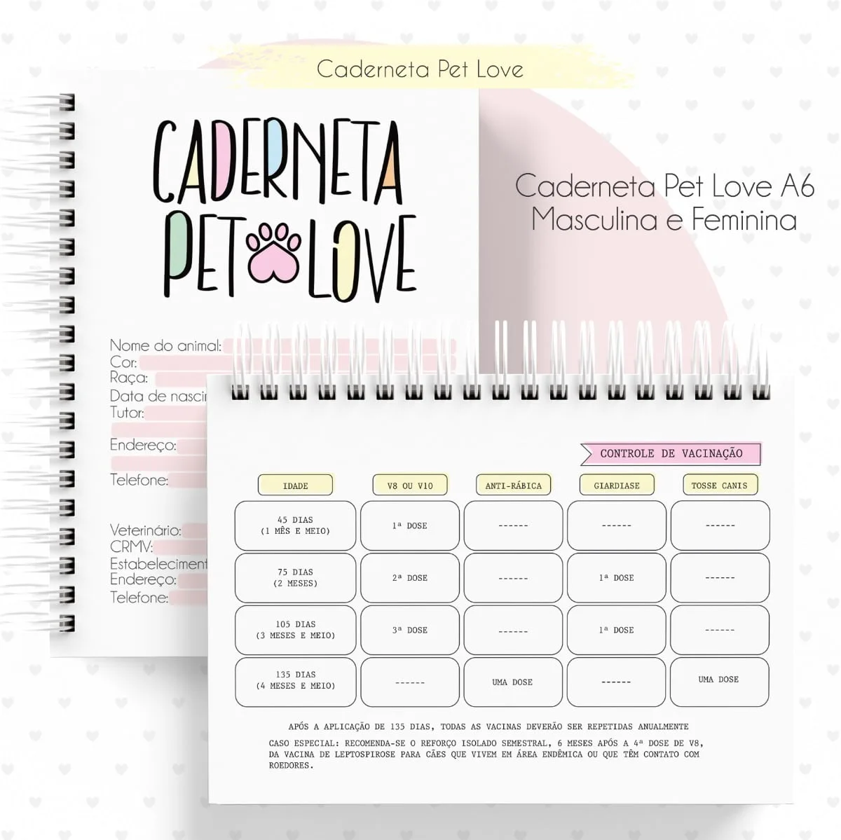 Kit Digital Caderneta Saúde Vacina Pet Cão Gato Miolo E Capa 4 Caderno espiral aberto mostrando capa preta com texto branco e páginas internas com controle de vacinação.