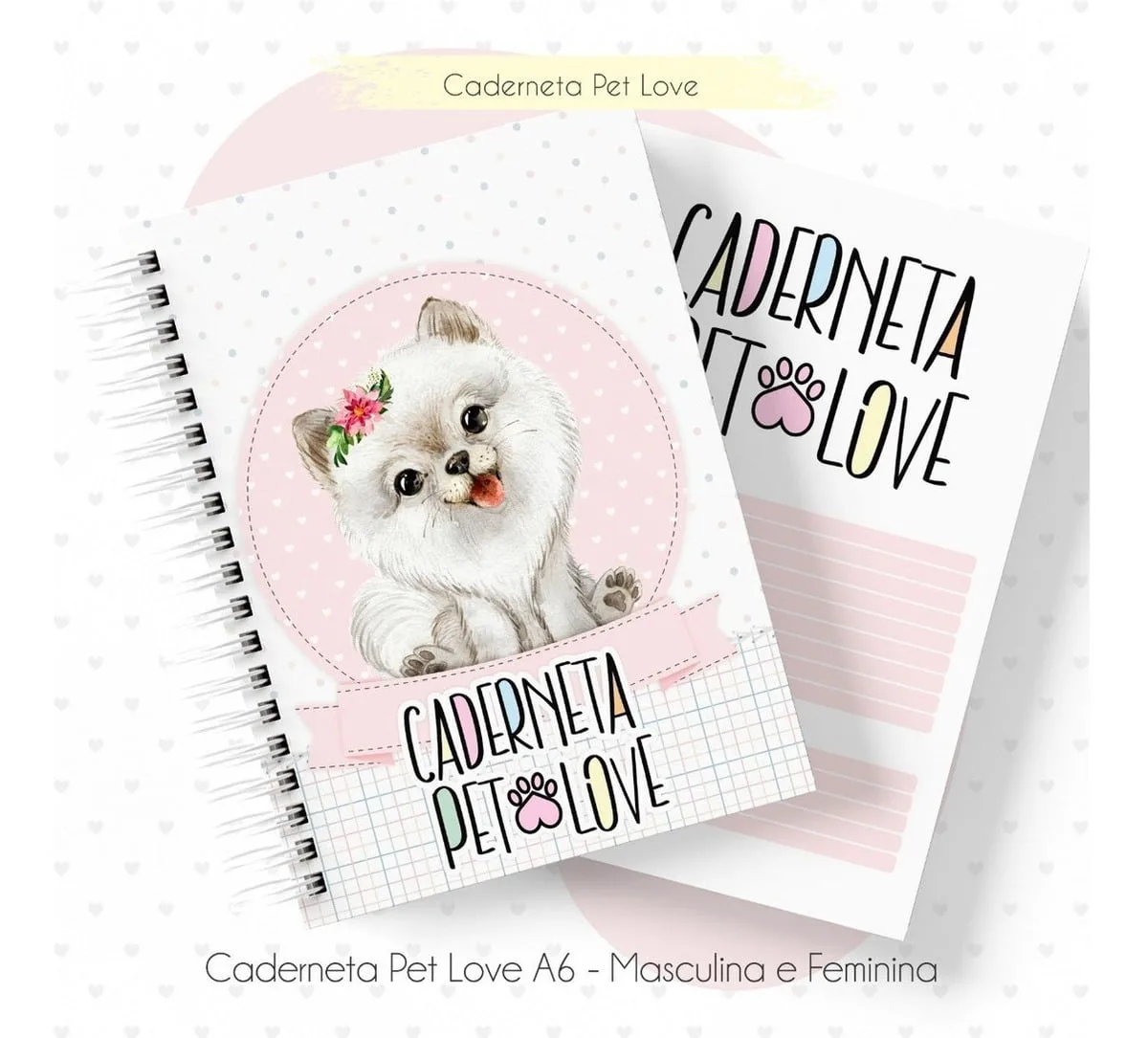 Kit Digital Caderneta Saúde Vacina Pet Cão Gato Miolo E Capa 2 Capa de caderno com ilustração de cachorro branco e texto impresso.