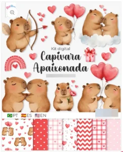Kit Digital Capivara Namorados - Arte Romântica PNG