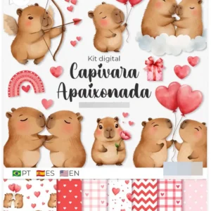 Kit Digital Capivara Namorados - Arte Romântica PNG