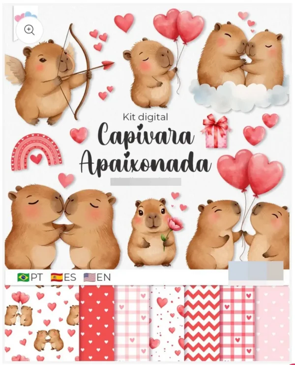 Kit Digital Capivara Namorados - Arte Romântica PNG