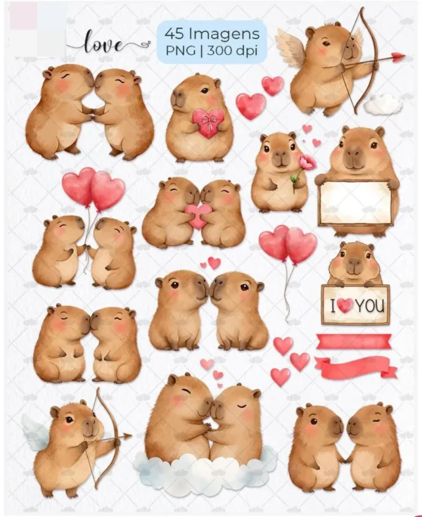 Kit Digital Capivara Namorados - Arte Romântica PNG