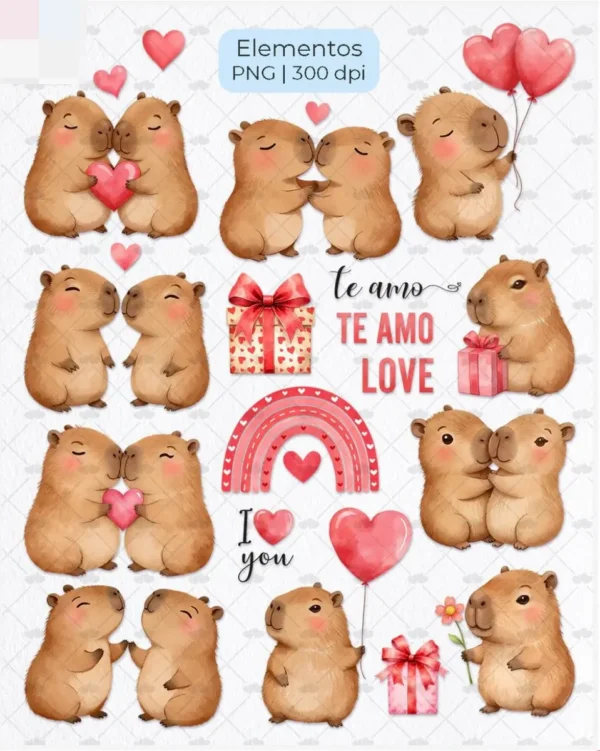 Kit Digital Capivara Namorados - Arte Romântica PNG