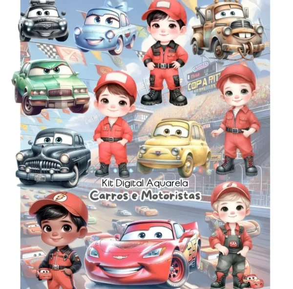 Kit Digital Carros Disney em Aquarela para Festas