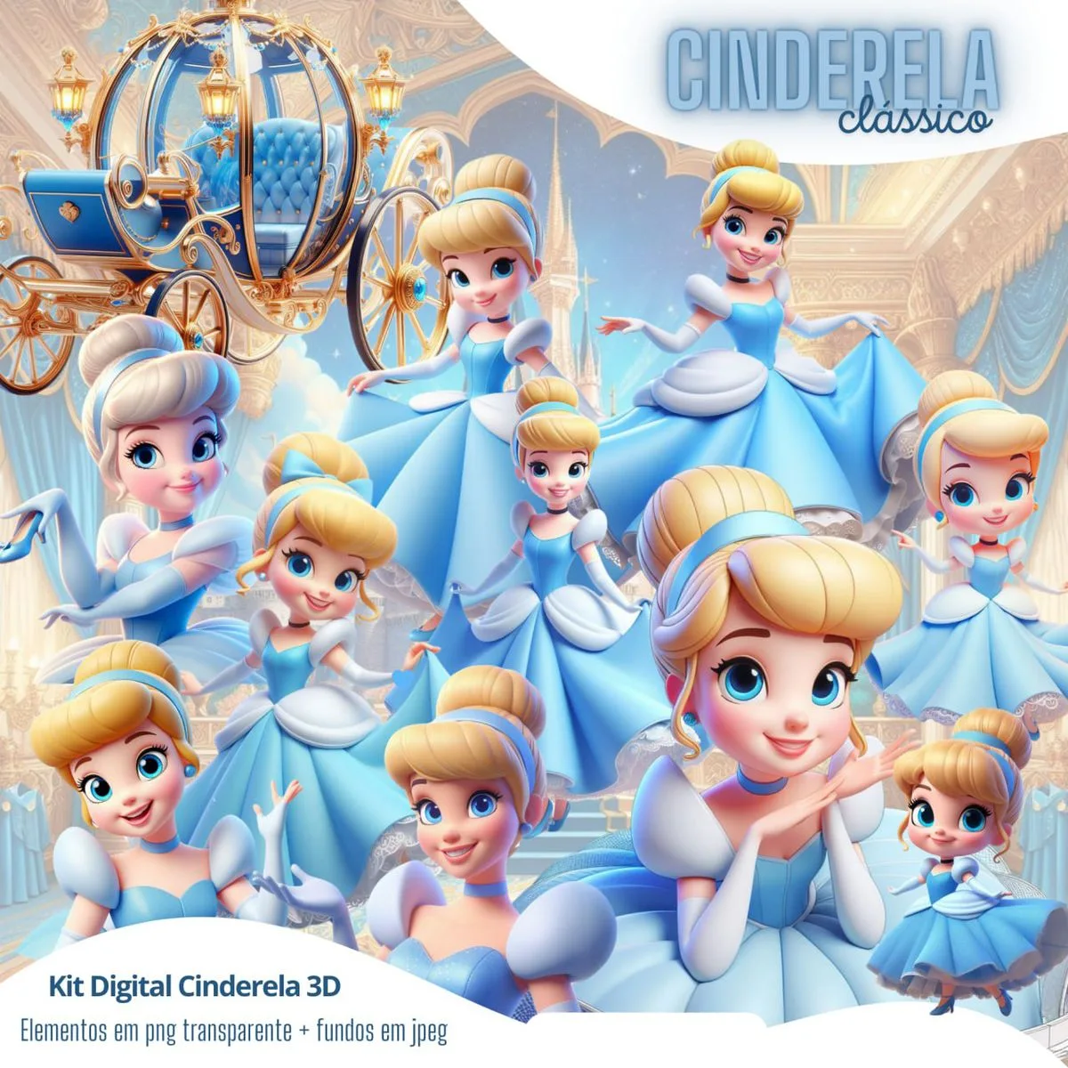 Várias princesas loiras de vestido azul com carruagem dourada e castelo ao fundo