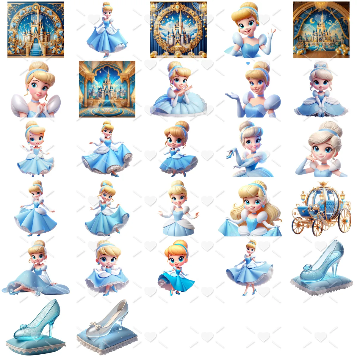 Colagem de ilustrações digitais com personagem de vestido azul, castelos e sapato de cristal.