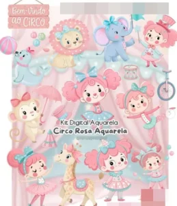 Kit Digital Circo Rosa Aquarela em PNG para Festas