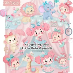 Kit Digital Circo Rosa Aquarela em PNG para Festas