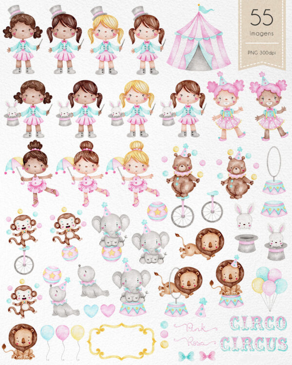 Kit Digital Circo Rosa Aquarelado Ilustrações Personalizados