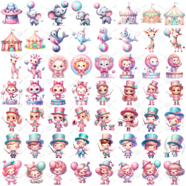 Kit Digital Circo Rosa Menina Baby Png Ilustrações 3D Fofo